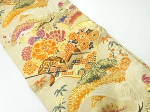 アンティーク　読本に鶴・松竹梅模様織出し丸帯（材料）